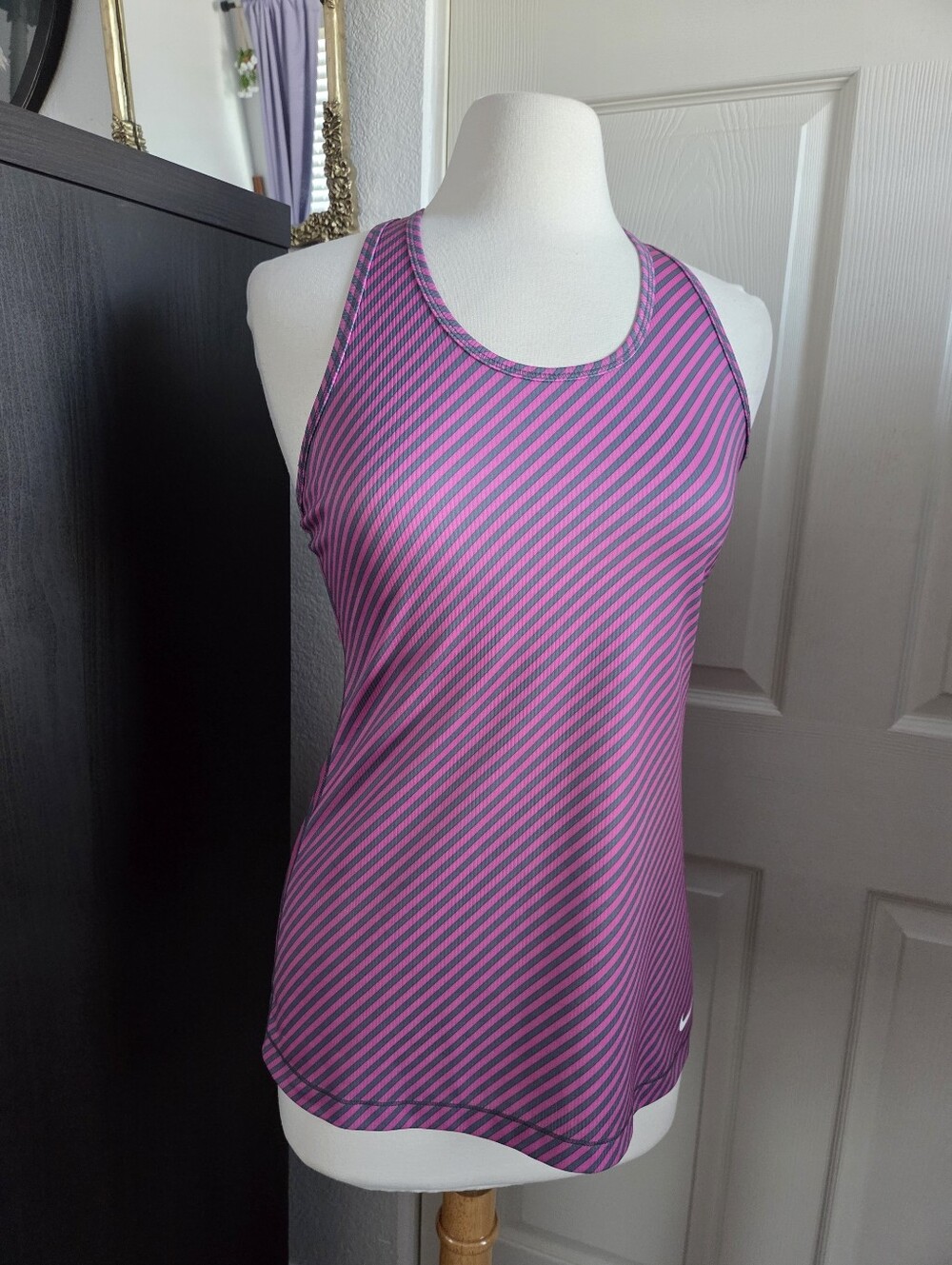 Nike Pink Gray Striped Racerback Tank Top Gym Running Shirt Large